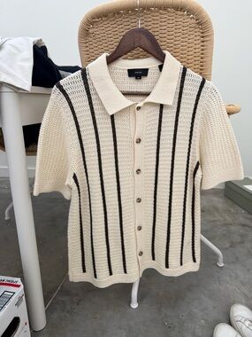 Vince Cream Short-Sleeve Knit Cardigan with Black Stripes